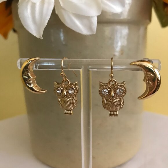 Gold Tone Earring Set - Moon & Owl - Picture 3 of 4